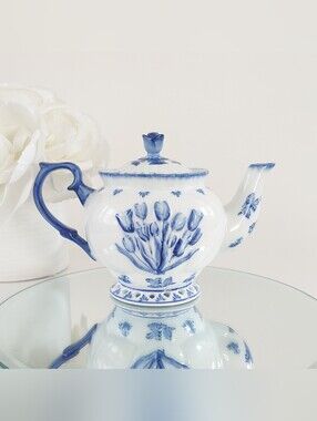 Vintage Delft Blue Deco Teapot Hand Painted Raised Tulips Relief White Ceramic